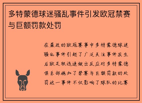 多特蒙德球迷骚乱事件引发欧冠禁赛与巨额罚款处罚